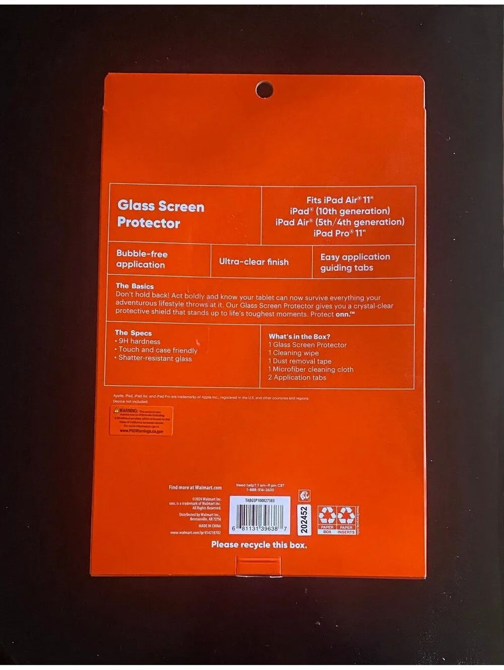 Onn Glass Screen Protector for iPad Air11”/iPad Pro11”/iPad 10Gen/iPadAir 5,4Gen